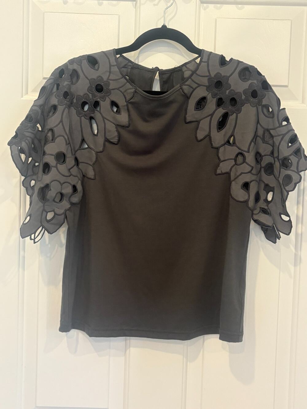 ANEWSTA Women Black Mixed Media 3D Floral Cutout Sleeve Blouse Top M 6-10